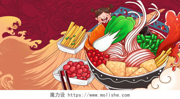 红色手绘国潮螺蛳粉面食海报背景
